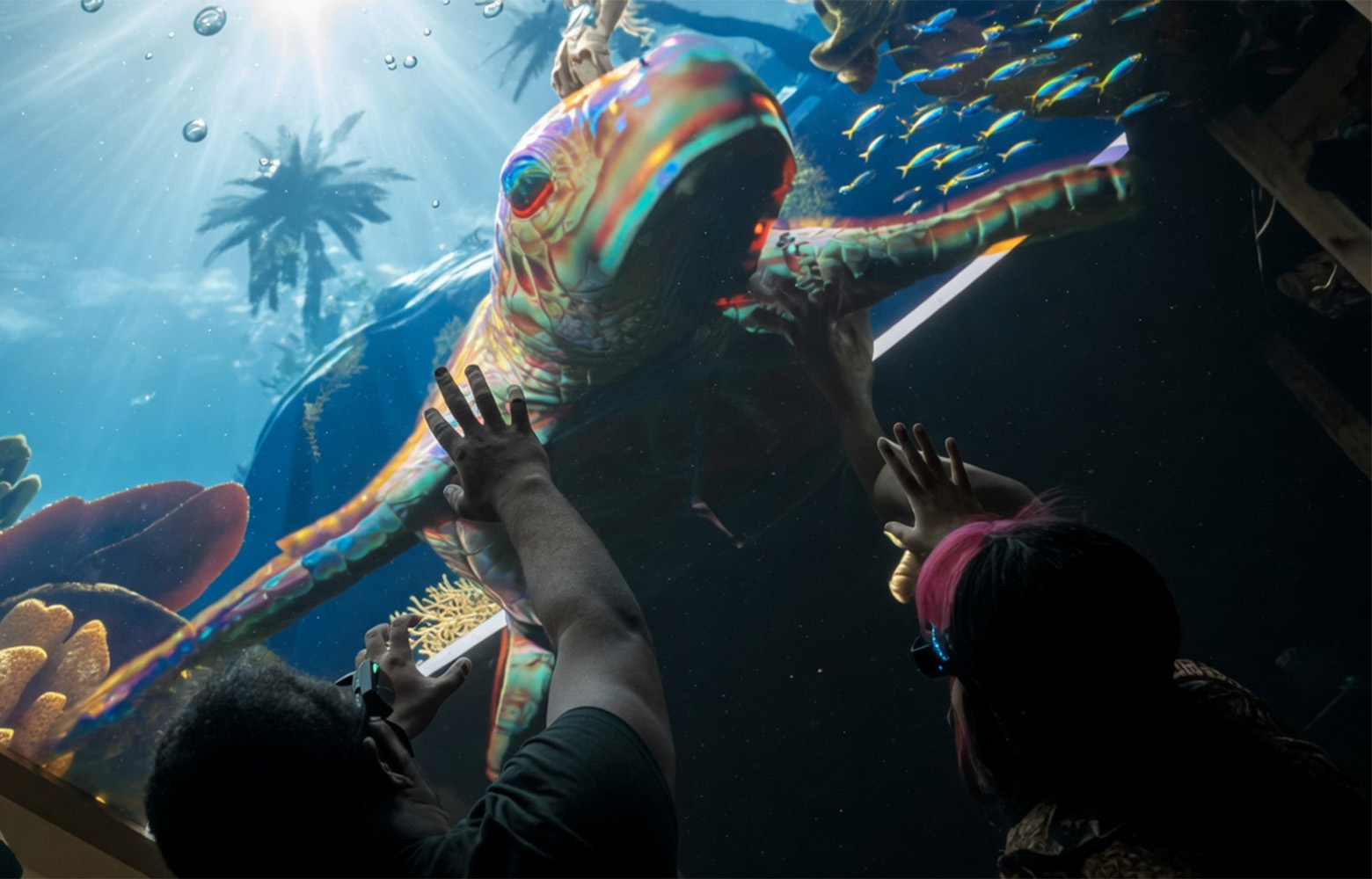 Two guests looking up as a giant sea turtle swims above them in Zoocade’s immersive underwater tunnel experience