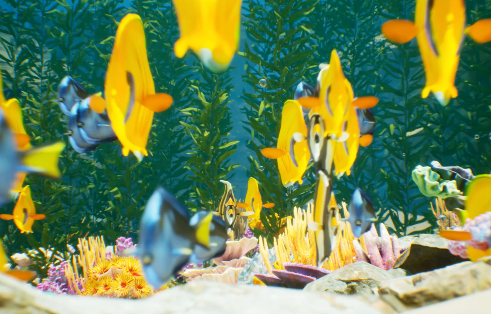 Colorful tropical fish swimming through an immersive underwater hologram environment